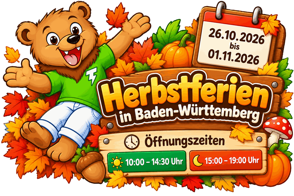 Herbstferien 2026 bei TobiDu: Öffnungszeiten vormittags 10:00 bis 14:30 Uhr und nachmittags 15:00 bis 19:00 Uhr, vom 26.10. bis 01.11.2026