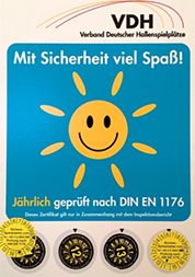 VDH-Siegel: Mitglied im Verband der Hallen- und Indoorspielplätze, jährlich geprüft nach DIN EN 1176